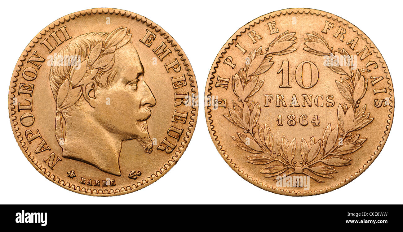 Il francese moneta in oro - Napoleone III, 10 franchi, 1864 Foto Stock