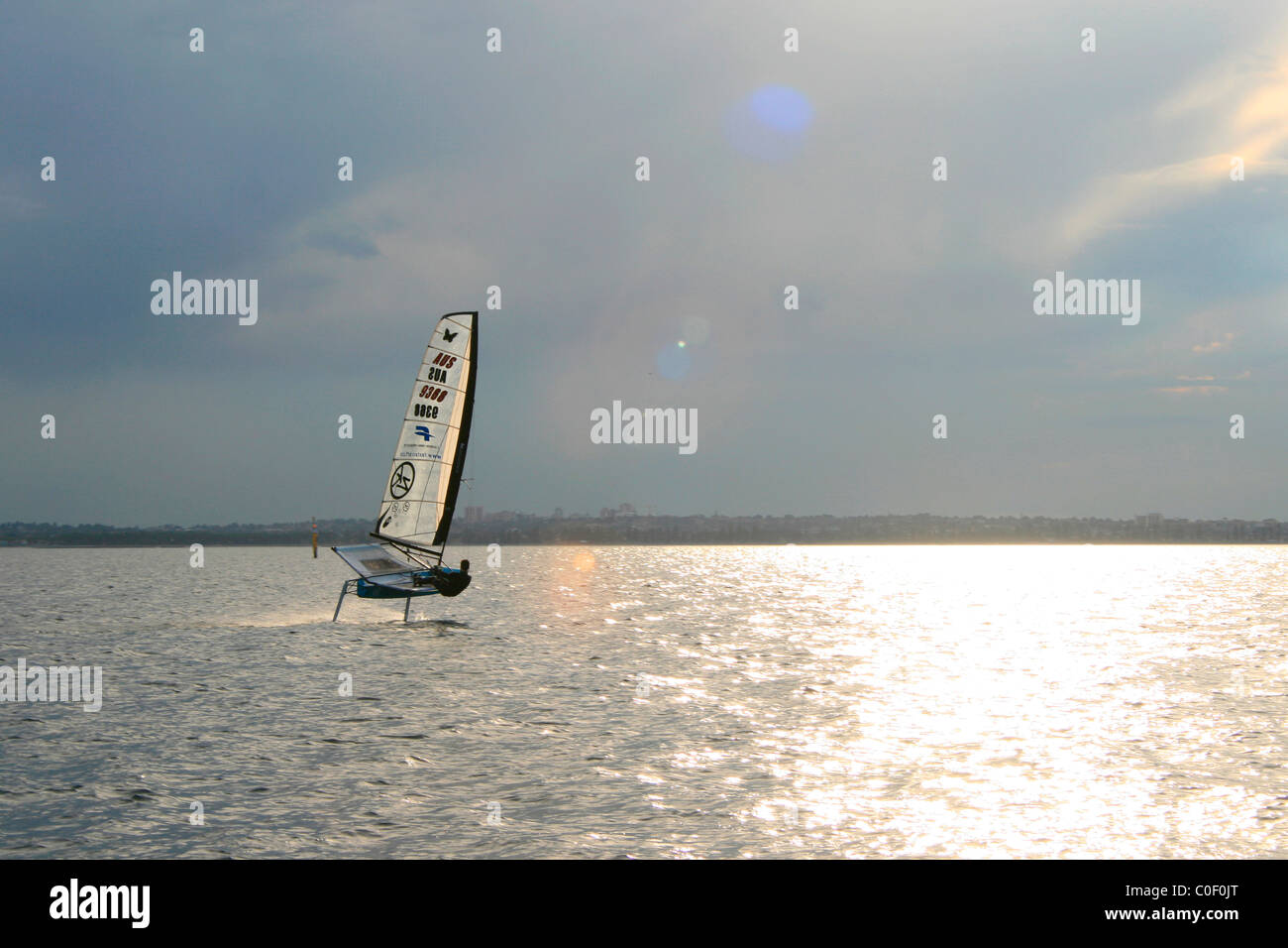 Sessione di formazione su una tarma, con una sola mano la vela dinghy con idro-foil. Foto Stock