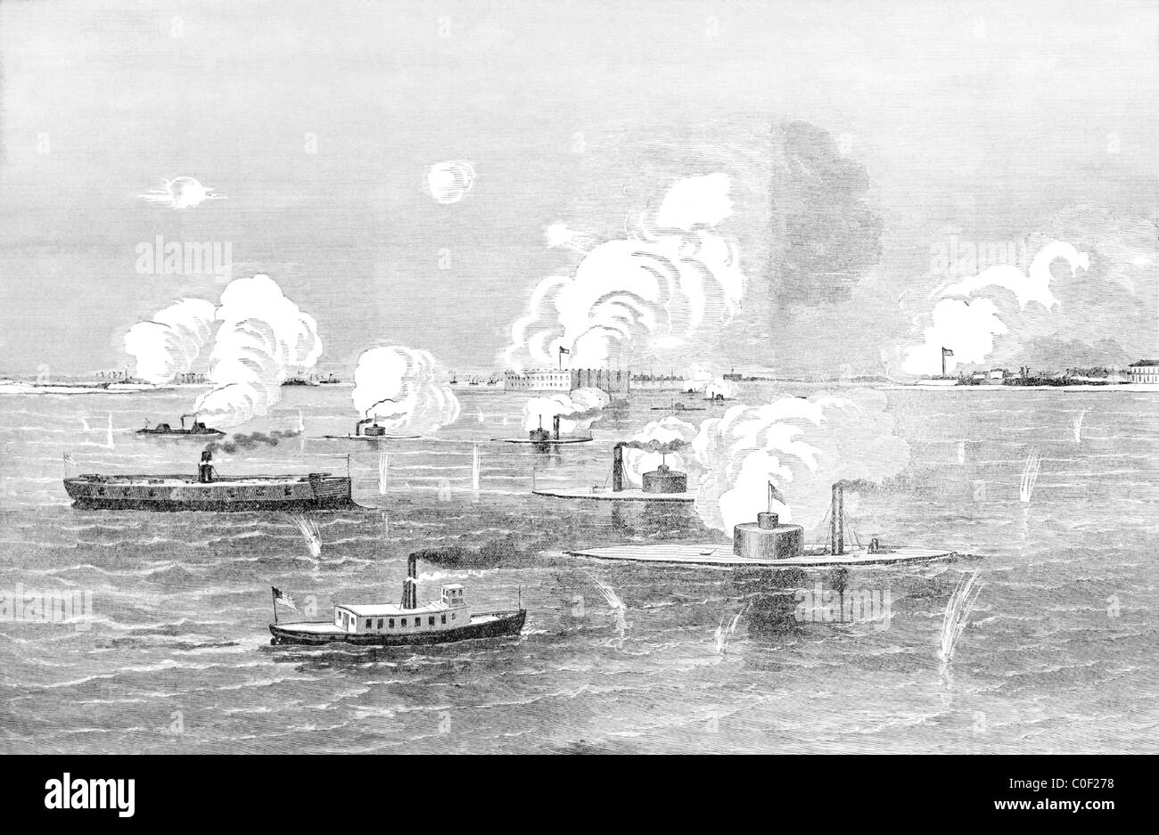 Il bombardamento di Fort Sumter, Charleston, Carolina del Sud, dalle navi, aprile 1863. Foto Stock