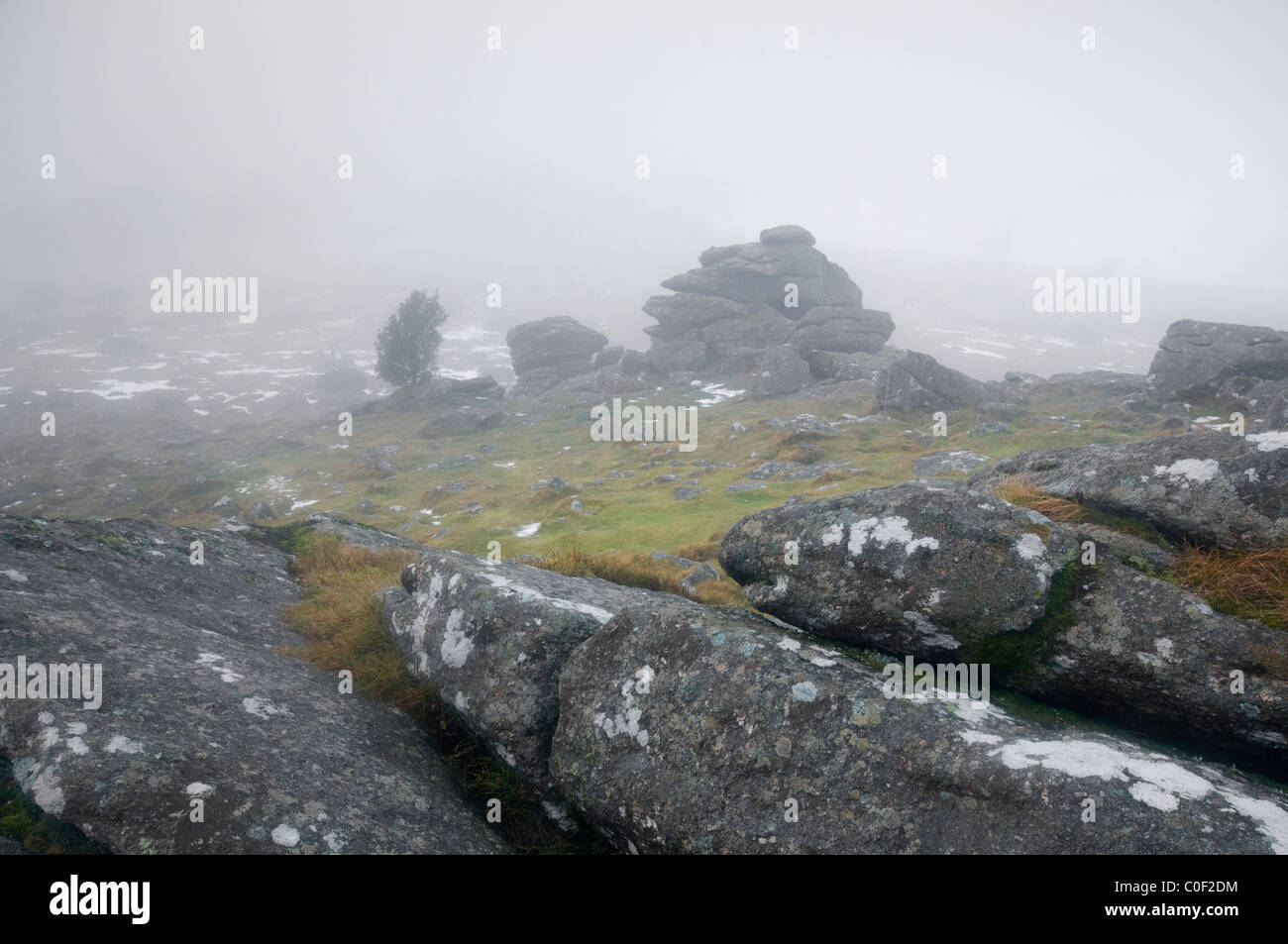 Le formazioni rocciose a Hound Tor, Dartmoor in inverno la nebbia. Foto Stock