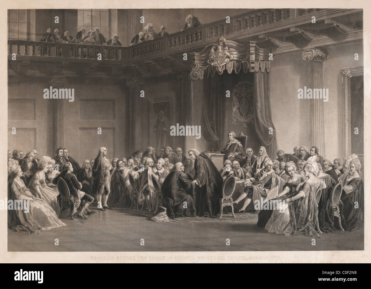 Benjamin Franklin prima del signore consiglio, presentando le preoccupazioni dei coloni americani. Cappella di Whitehall, Londra 1774 Foto Stock