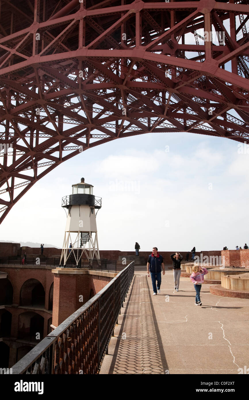 Una famiglia a piedi attraverso il tetto di Fort Point in San Francisco. Febbraio 2010 Foto Stock