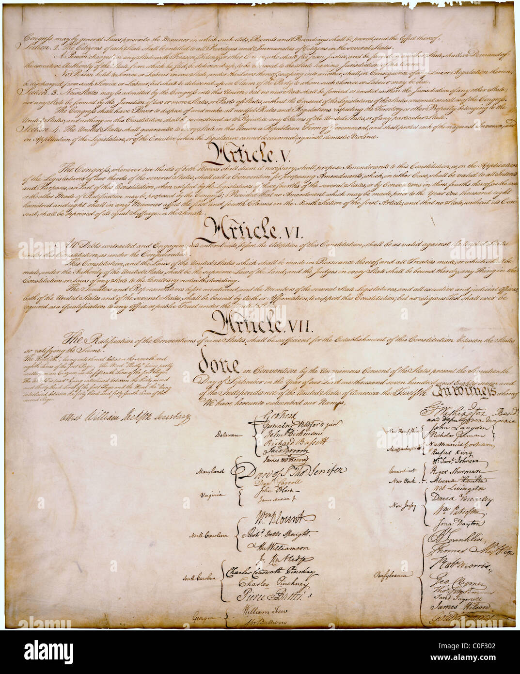 Articoli V-VII della Costituzione degli Stati Uniti degli Stati Uniti a mano originale copia scritta su pergamena Foto Stock