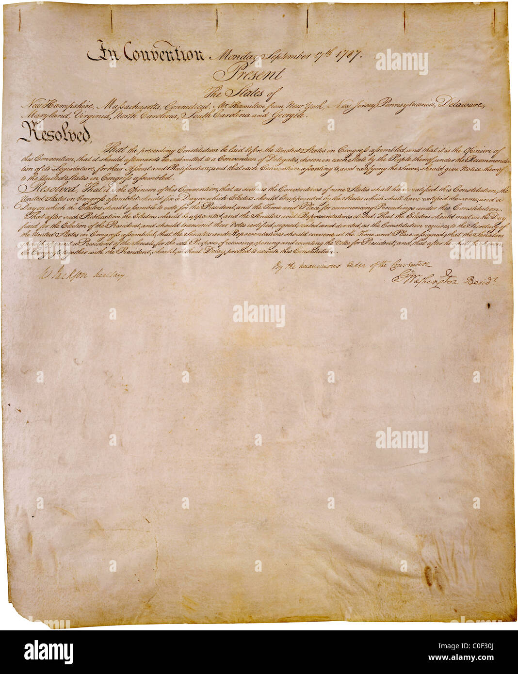 Trasmissione PAGINA DELLA COSTITUZIONE DEGLI STATI UNITI - originale scritto a mano copia su pergamena - Adozione da parte del Consiglio in data 17 settembre 1787 Foto Stock