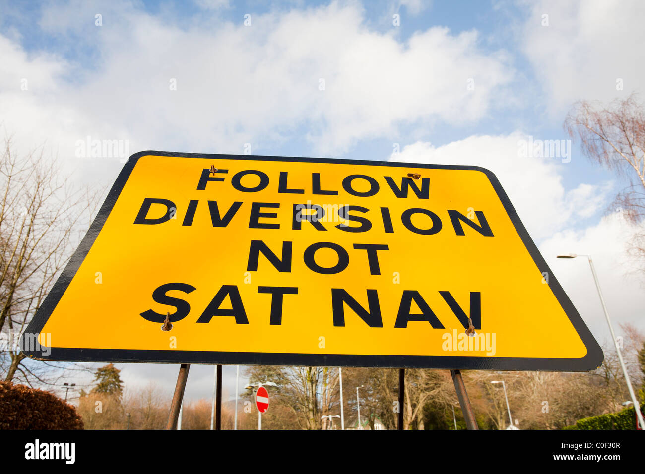 Un cartello stradale per una diversione round lavori stradali in ambleside, cumbria, Regno Unito, Foto Stock