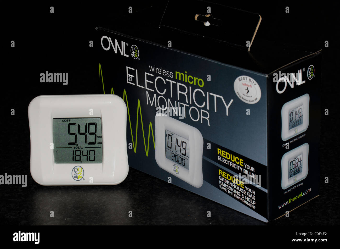 Owl l'utilizzo di elettricità monitor, consapevolezza di energia Foto Stock