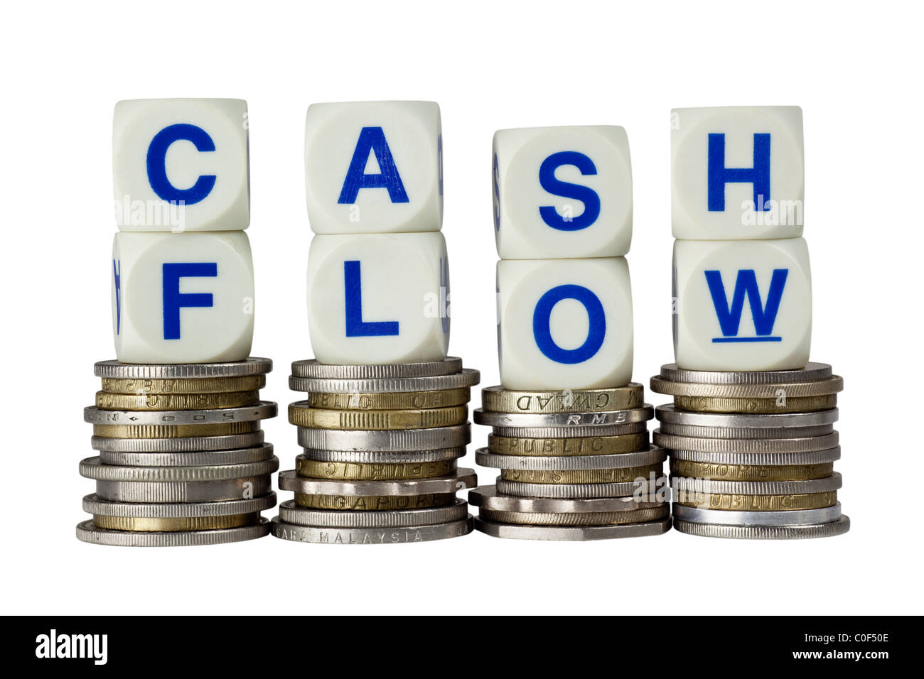 Pile di monete con la parola CASH FLOW isolati su sfondo bianco Foto Stock