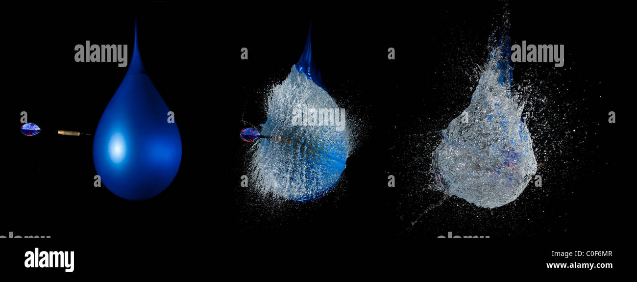 Un'immagine con alta velocità flash fotografia mostrante la sequenza di scoppio di un palloncino riempito con acqua utilizzando un DART . Foto Stock
