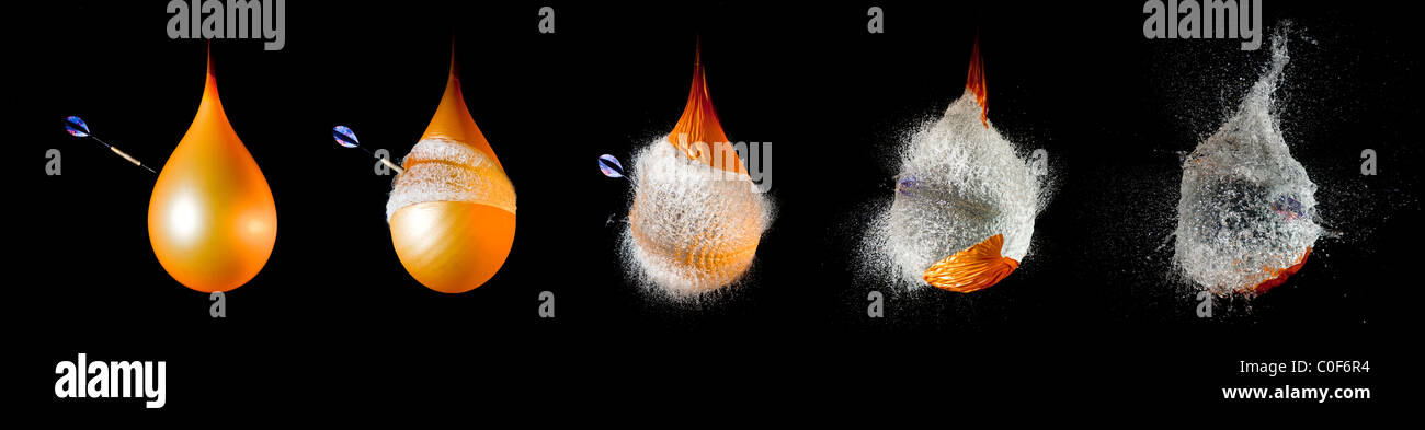 Un'immagine con alta velocità flash fotografia mostrante la sequenza di scoppio di un palloncino riempito con acqua utilizzando un DART . Foto Stock