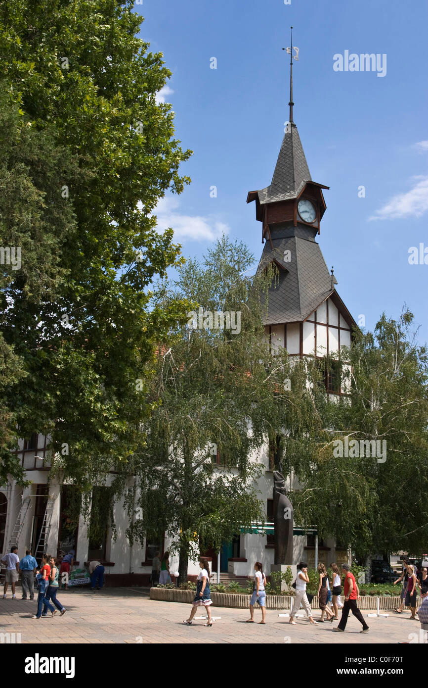 Pazardjik città, centro, antica torre dell'orologio, Balcani, Bulgaria, Europa orientale Foto Stock