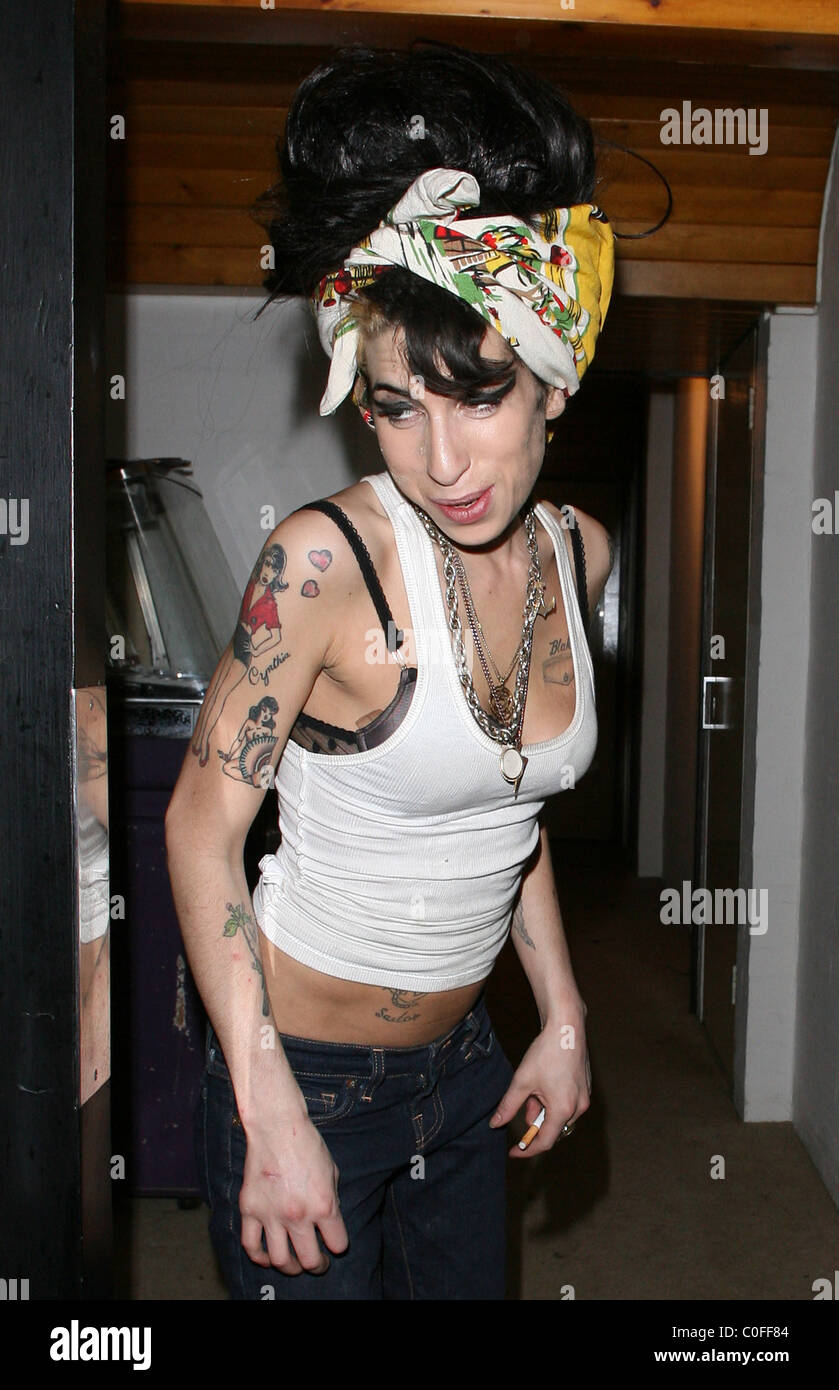Amy Winehouse getta fuori della spazzatura, avendo ceduto in uno spot di  late night di pulizia. Amy's face era incrostata di trucco, in un Foto  stock - Alamy