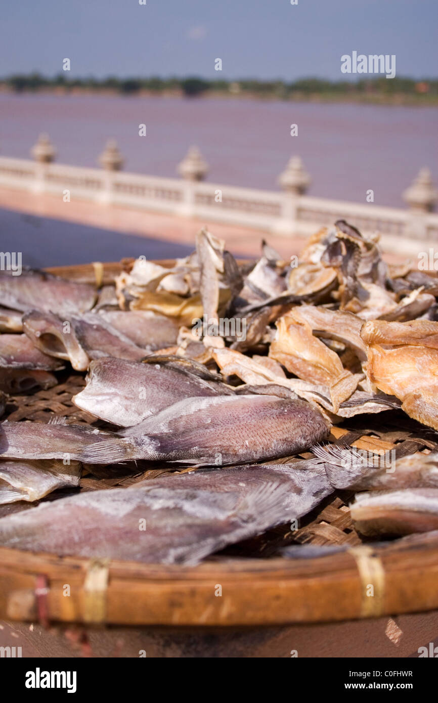 Pesce di essiccazione al sole accanto al fiume Mekong in Nong Khai, Thailandia. Foto Stock