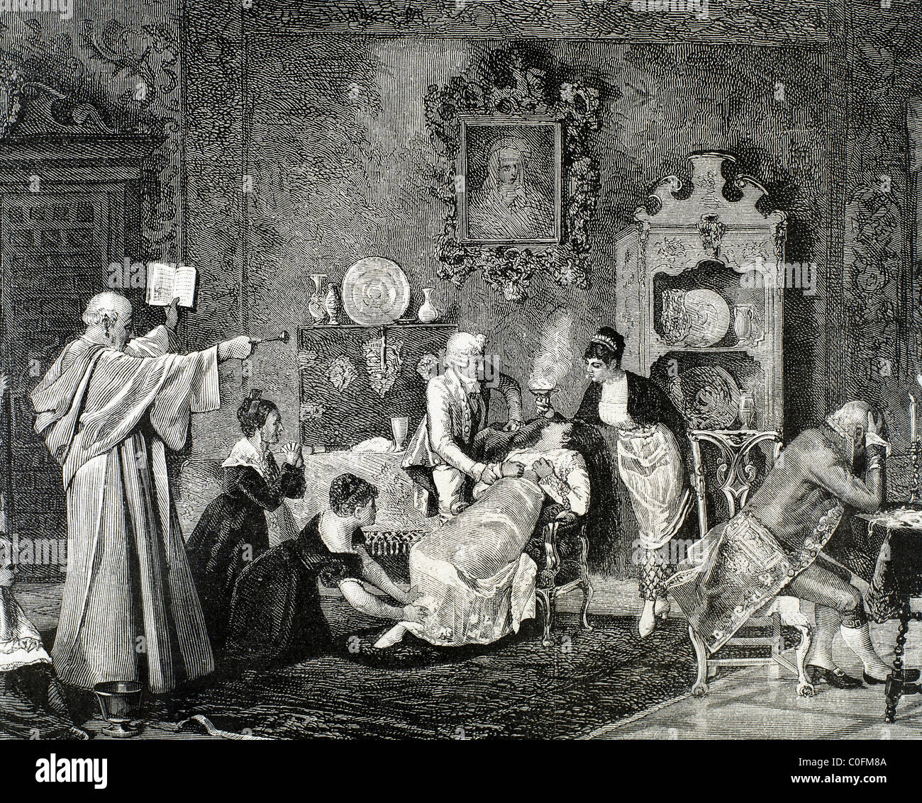 Esorcismo. Chierico facendo un incantesimo contro lo spirito del male. Incisione di registrato da C. Penoso (1878). Foto Stock