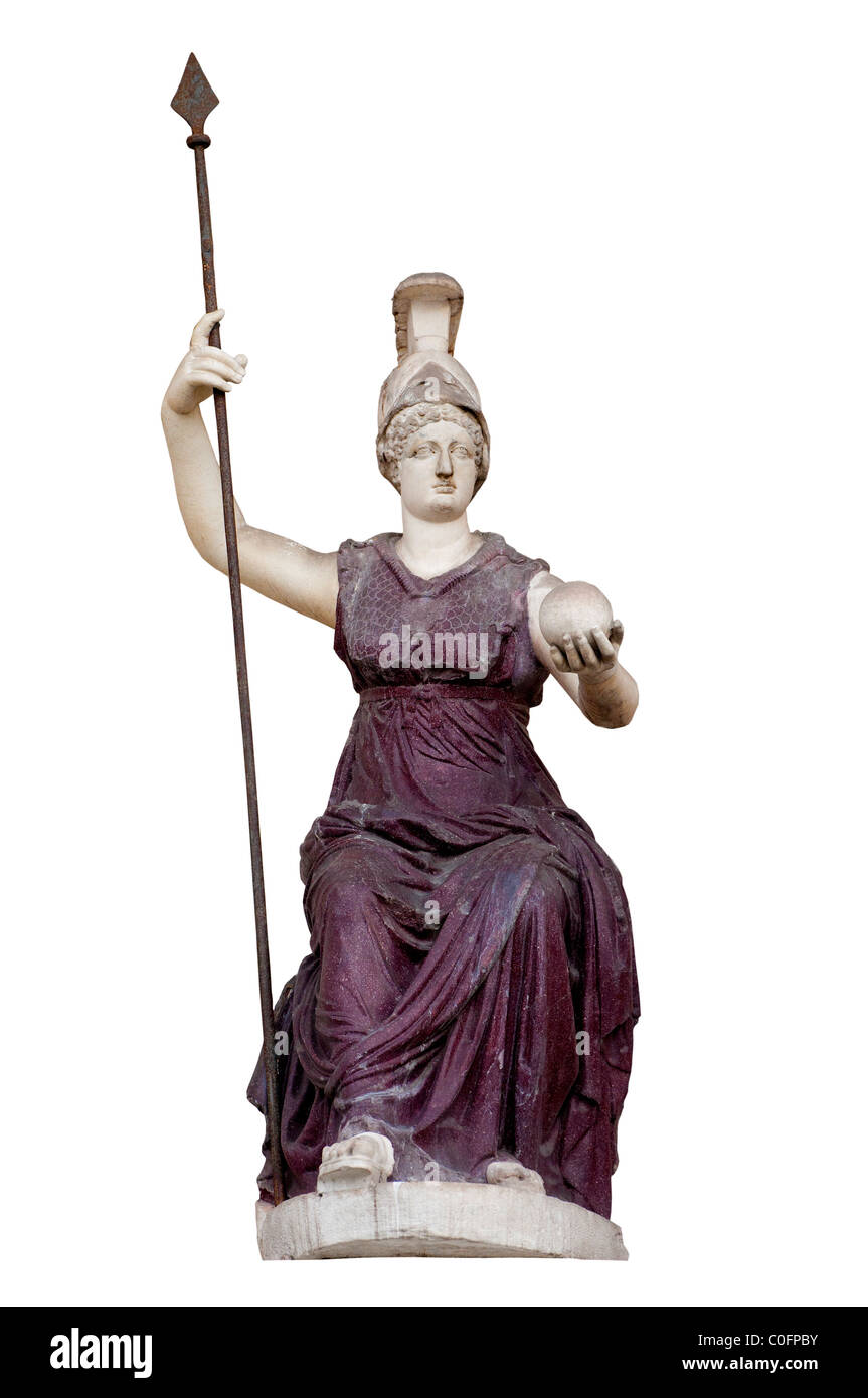 La statua della dea Roma Triumphans su sfondo bianco Foto Stock