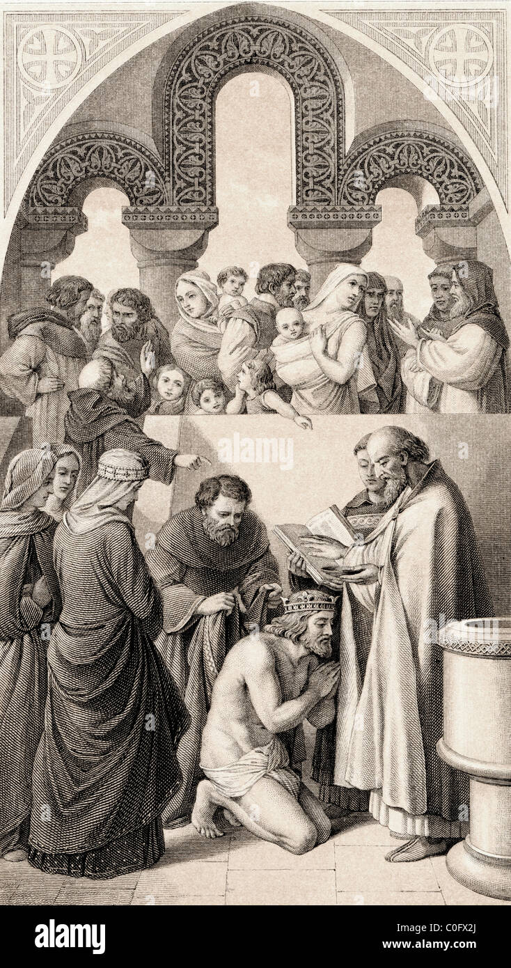 Il battesimo di Ethelbert, re di Kent da sant Agostino di Canterbury, Inghilterra in 597. AEthelberht, c. 560 a 616. Foto Stock