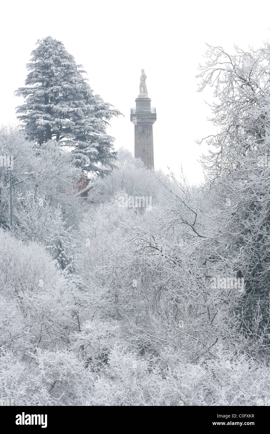 Signore Hill's Colonna a Shrewsbury nello Shropshire, circondato da neve e trasformata per forte gradiente frost, dicembre 2010. Foto Stock