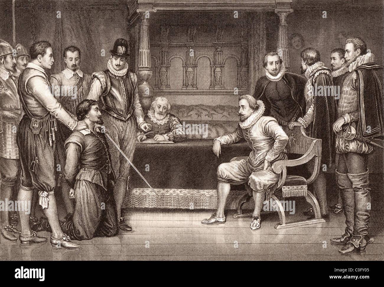 La trama di polvere da sparo. Guy Fawkes interrogato da James I e il suo consiglio in king's bedchamber Foto Stock