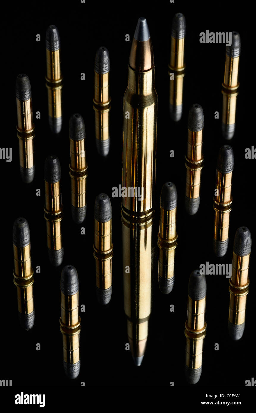 Full Metal Jacket winchester 30 06 springfield cartuccia e 22 calibro fucile piombo proiettili su Black mirror Foto Stock