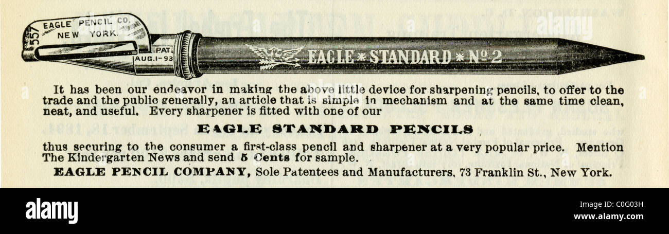 1895 pubblicità per Eagle Standard matita temperamatite. 73 Franklin St, New York. Foto Stock