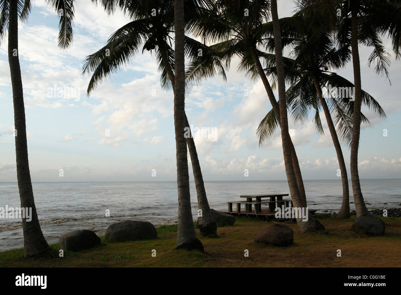 La mattina presto vista attraverso le palme da cocco sulla Stretto di Lombok Foto Stock