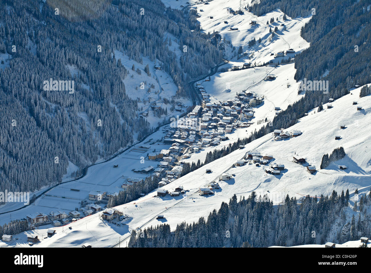 Villaggio Lannersbach vista in elevazione, Zillertal, Austria Foto Stock