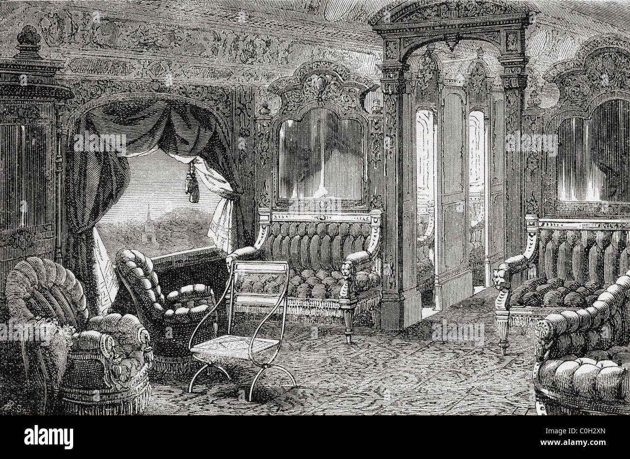 Interno di un pullman Palace carrozza ferroviaria nel XIX secolo. Foto Stock