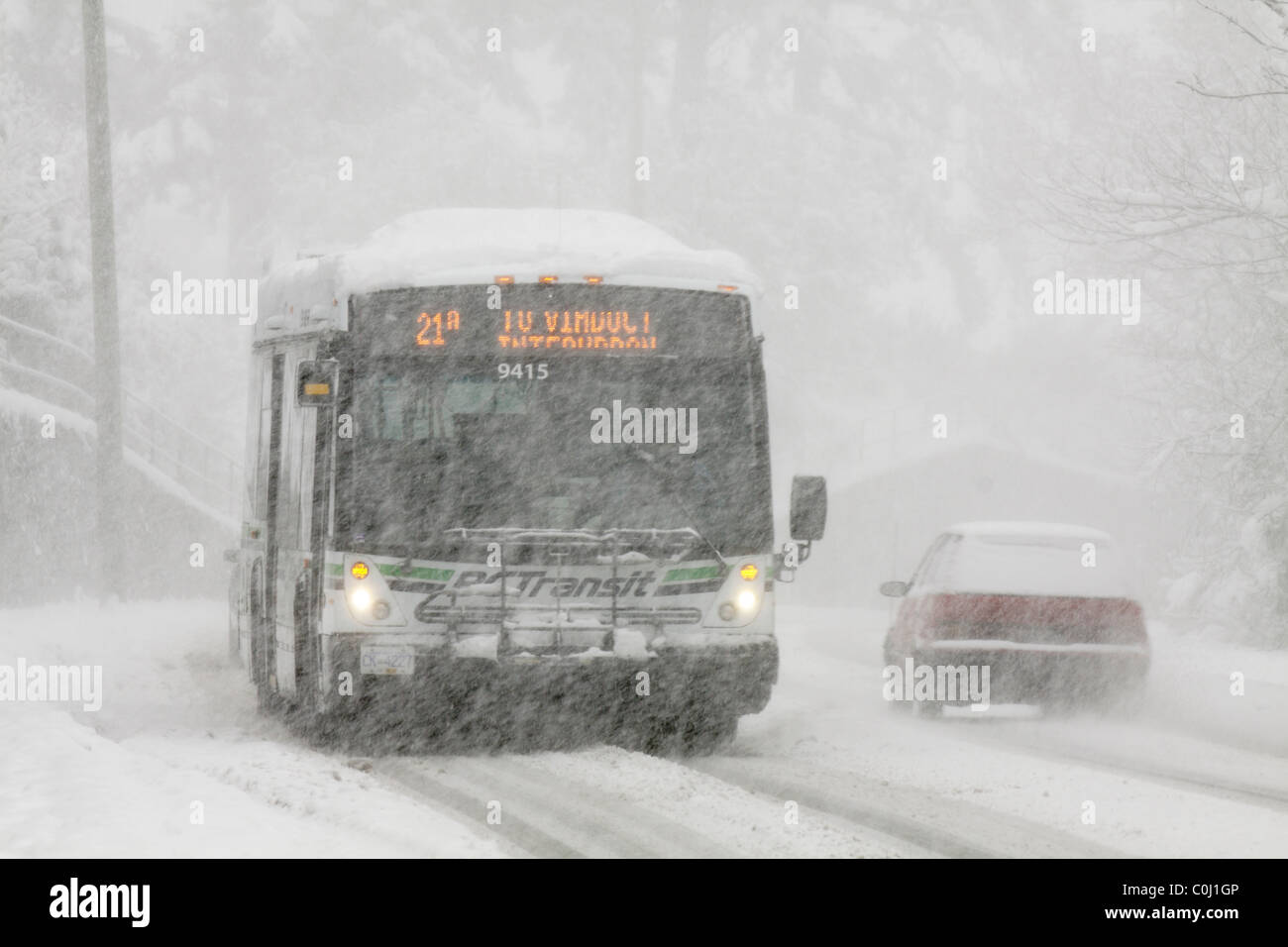 Città bus di transito e di automobile che viaggia sulla strada rurale durante la tempesta di neve in inverno rare blizzard Victoria-British in Columbia, Canada. Foto Stock