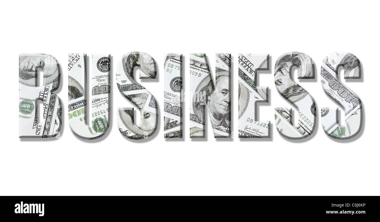 Parola di Business sovrapposti su un centinaio di dollari su sfondo bianco Foto Stock