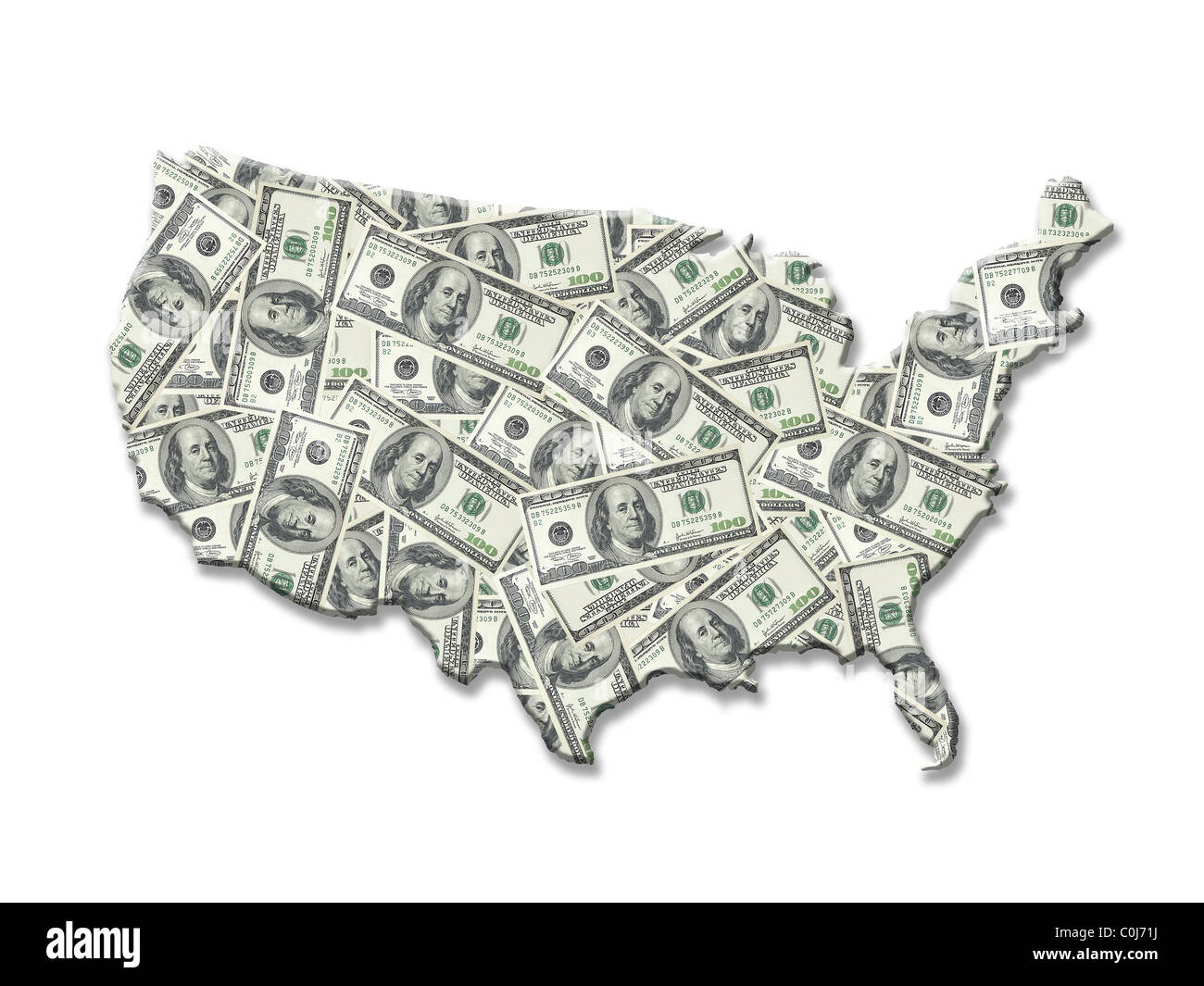 Mappa di Stati Uniti d'America sovrapposti su un centinaio di dollar banconota su sfondo bianco Foto Stock