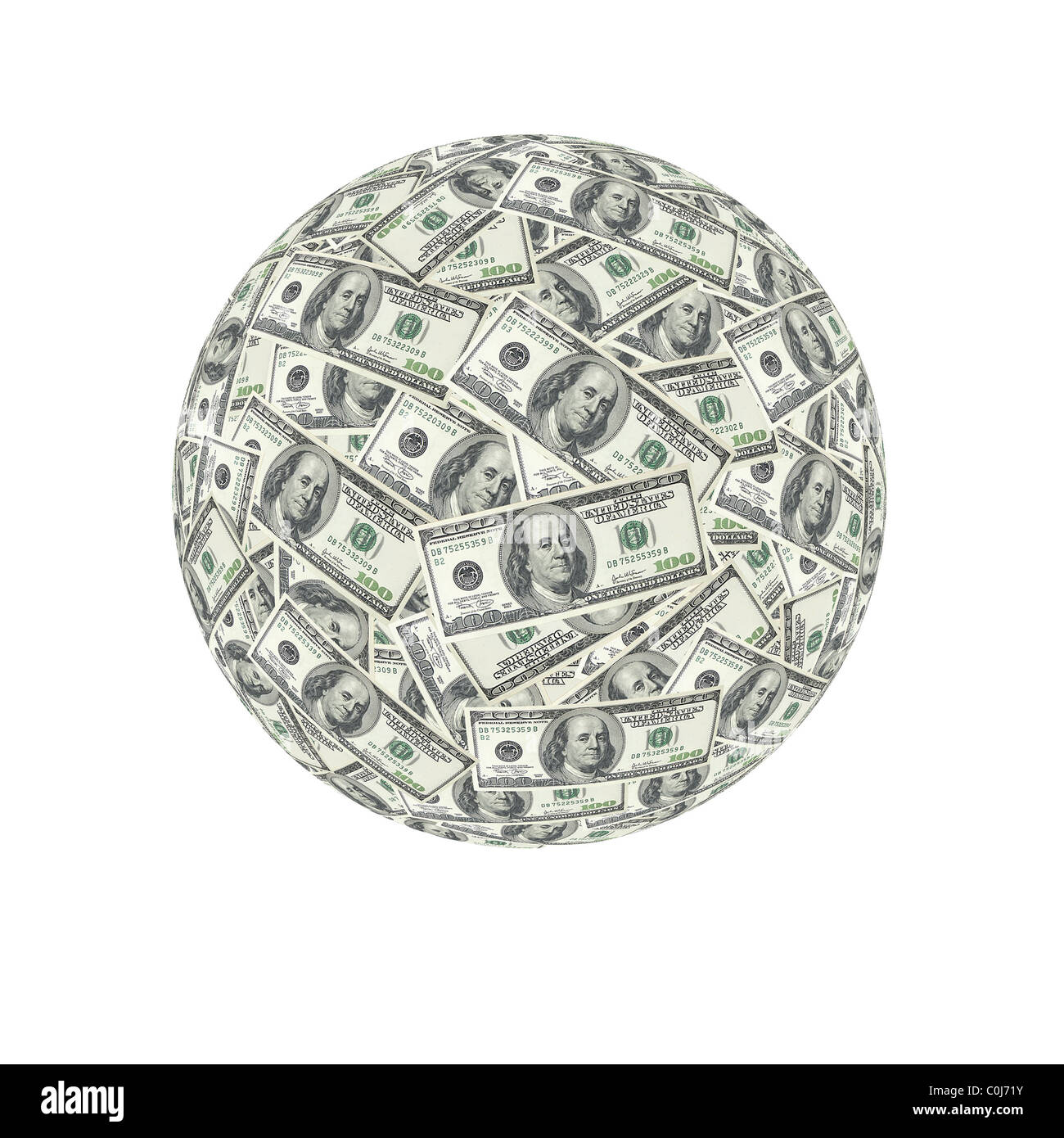 Globo formato americano di banconote da cento dollari su sfondo bianco con il simbolo del dollaro ombra Foto Stock