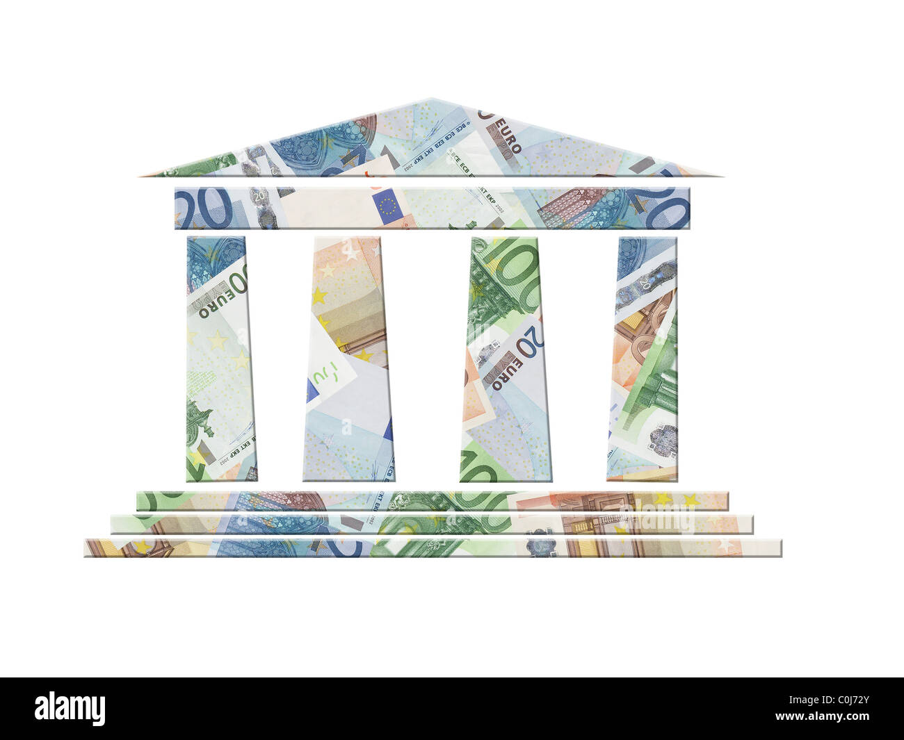 Icona della banca con sovrapposta sullo sfondo di venti, cinquanta e cento banconote in euro Foto Stock
