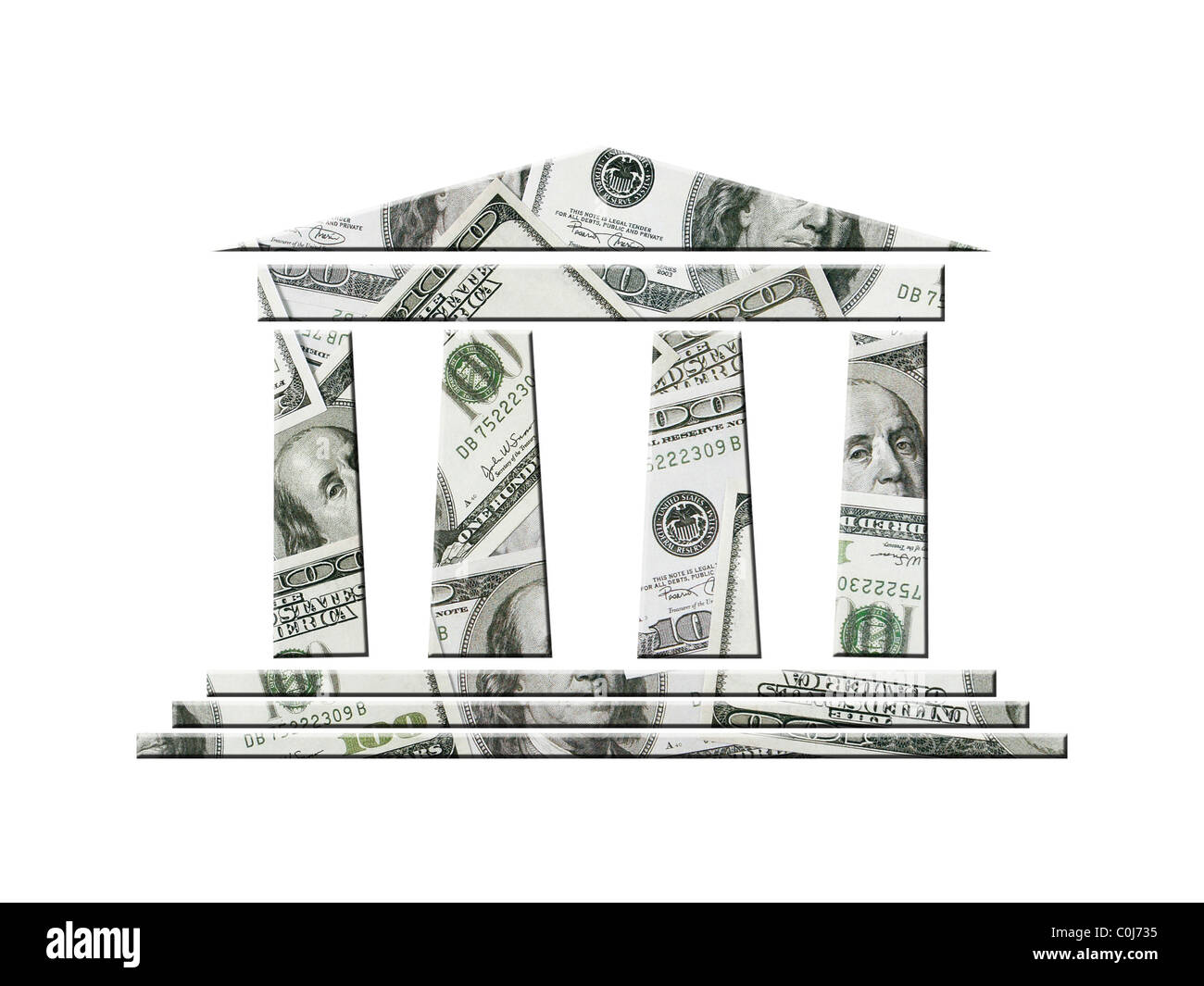 Icona della banca con sovrapposta sullo sfondo di un centinaio di dollari USA banconote Foto Stock