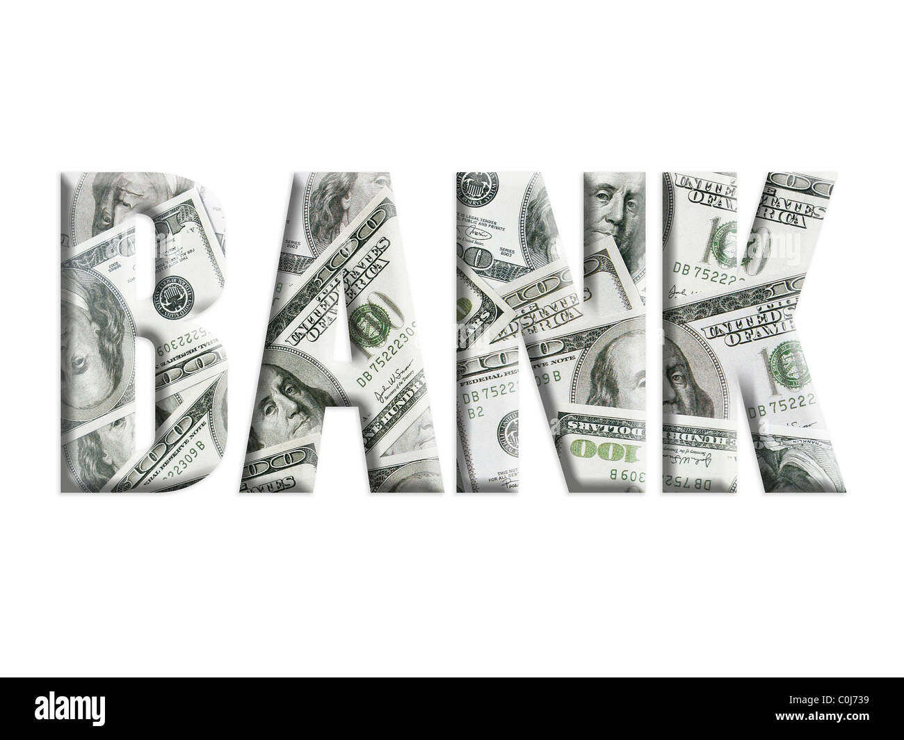 Parola di banca con sovrapposta sullo sfondo di un centinaio di dollari USA banconote Foto Stock