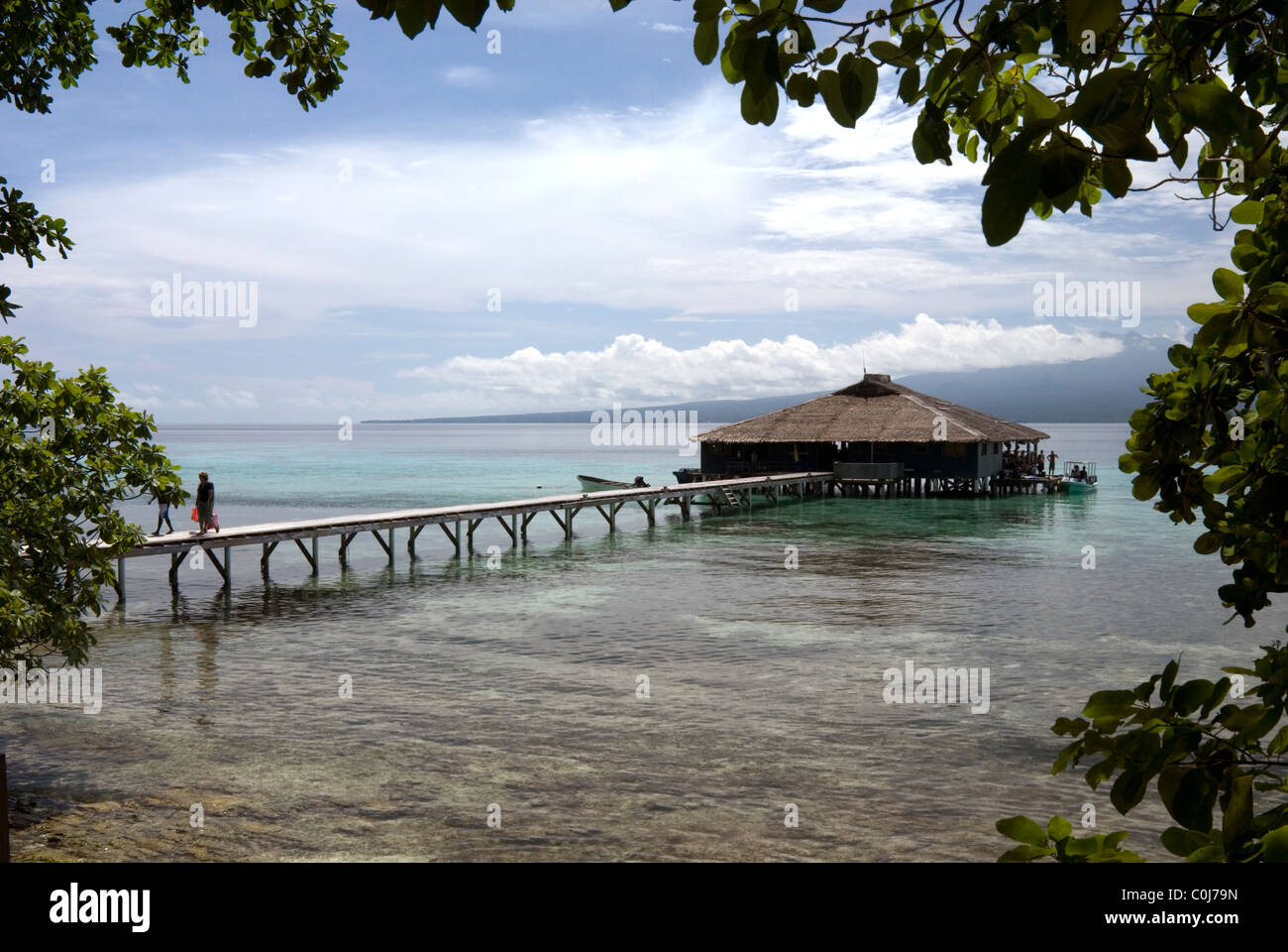 Fatboys Resort sull'isola Mbabanga con Kolombangara oltre, Gizo, provincia occidentale, Isole Salomone Foto Stock