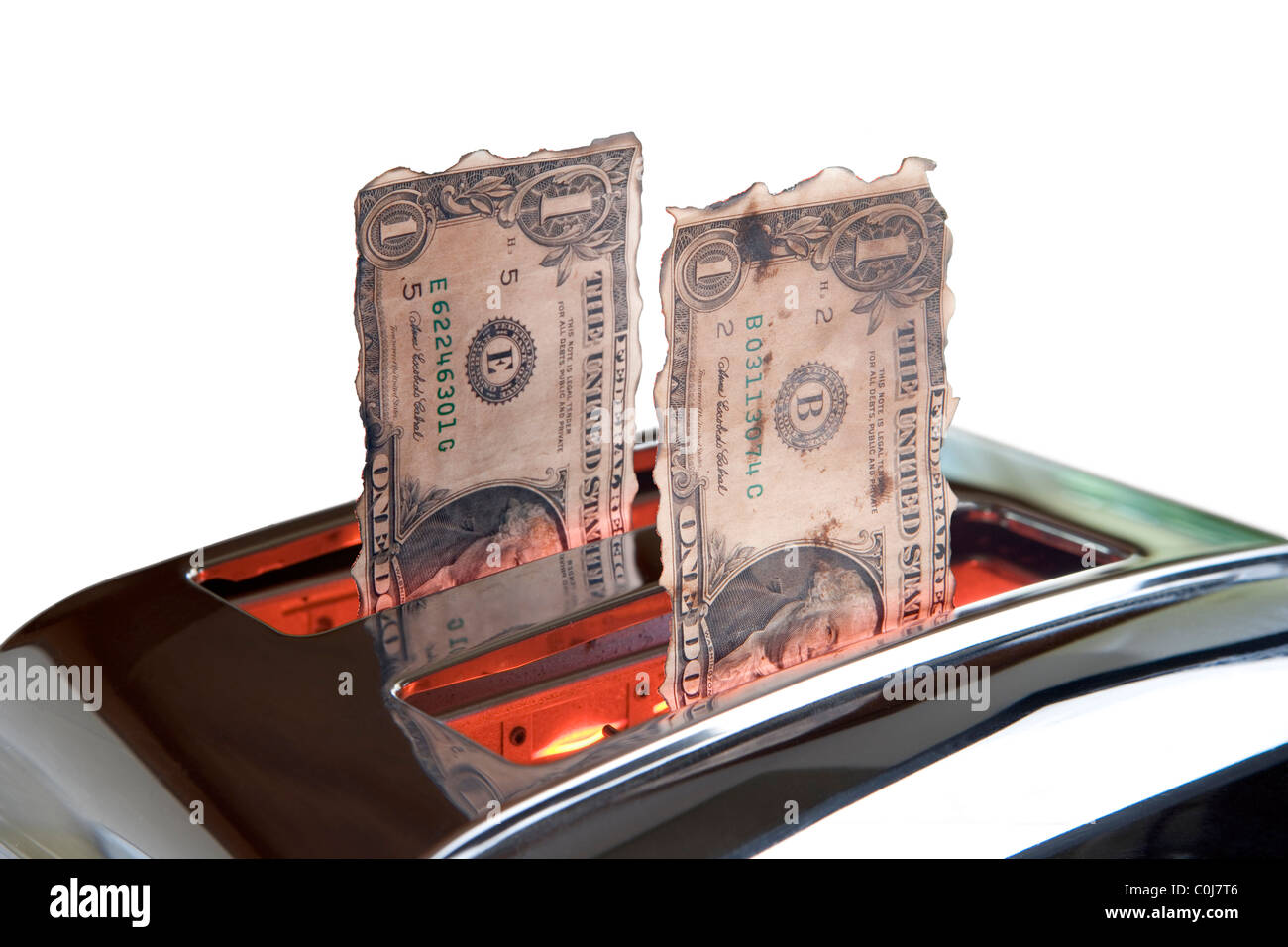 Noi uno le fatture del dollaro si brucia in un tostapane. Il dollaro USA è di Toast. Foto Stock