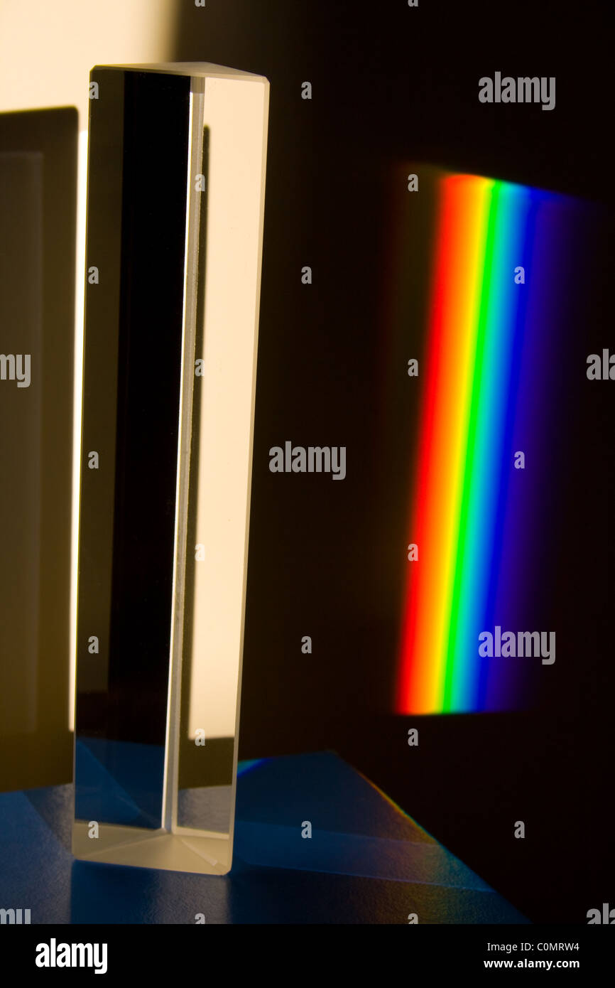 Spettro di luce creato dalla luce solare che passa attraverso il prisma di vetro Foto Stock