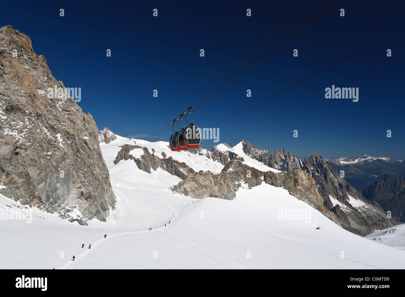 Estate vista del massiccio del Monte Bianco e Mer de Glace ghiacciaio da Punta Helbronner Foto Stock