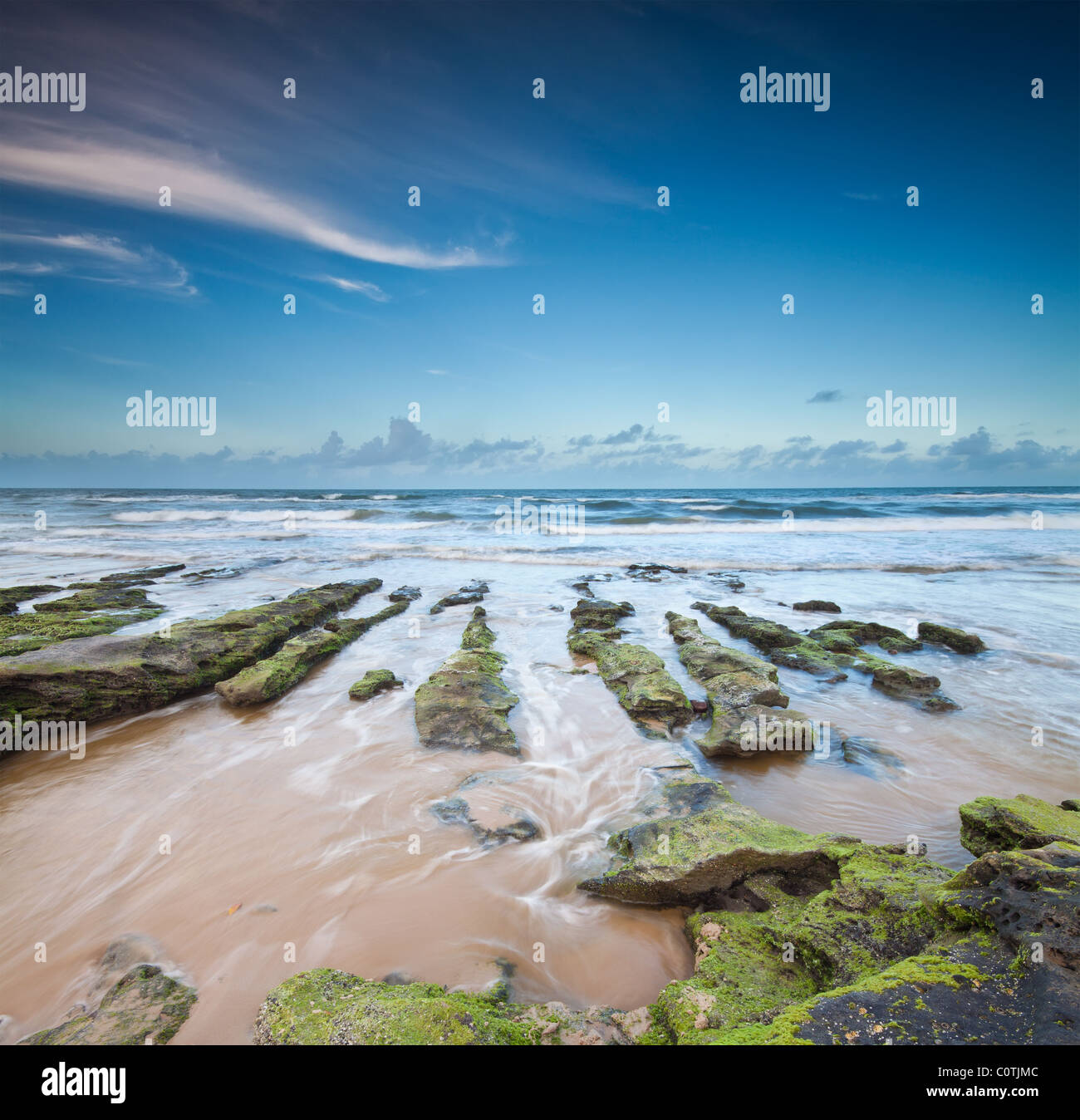 Spiaggia australiana al crepuscolo con interessanti le rocce in primo piano Foto Stock
