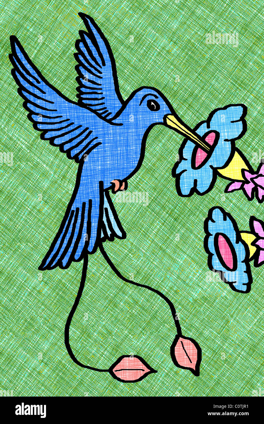 Disegno infantile di hummingbird raccogliendo il nettare da fiore Foto Stock