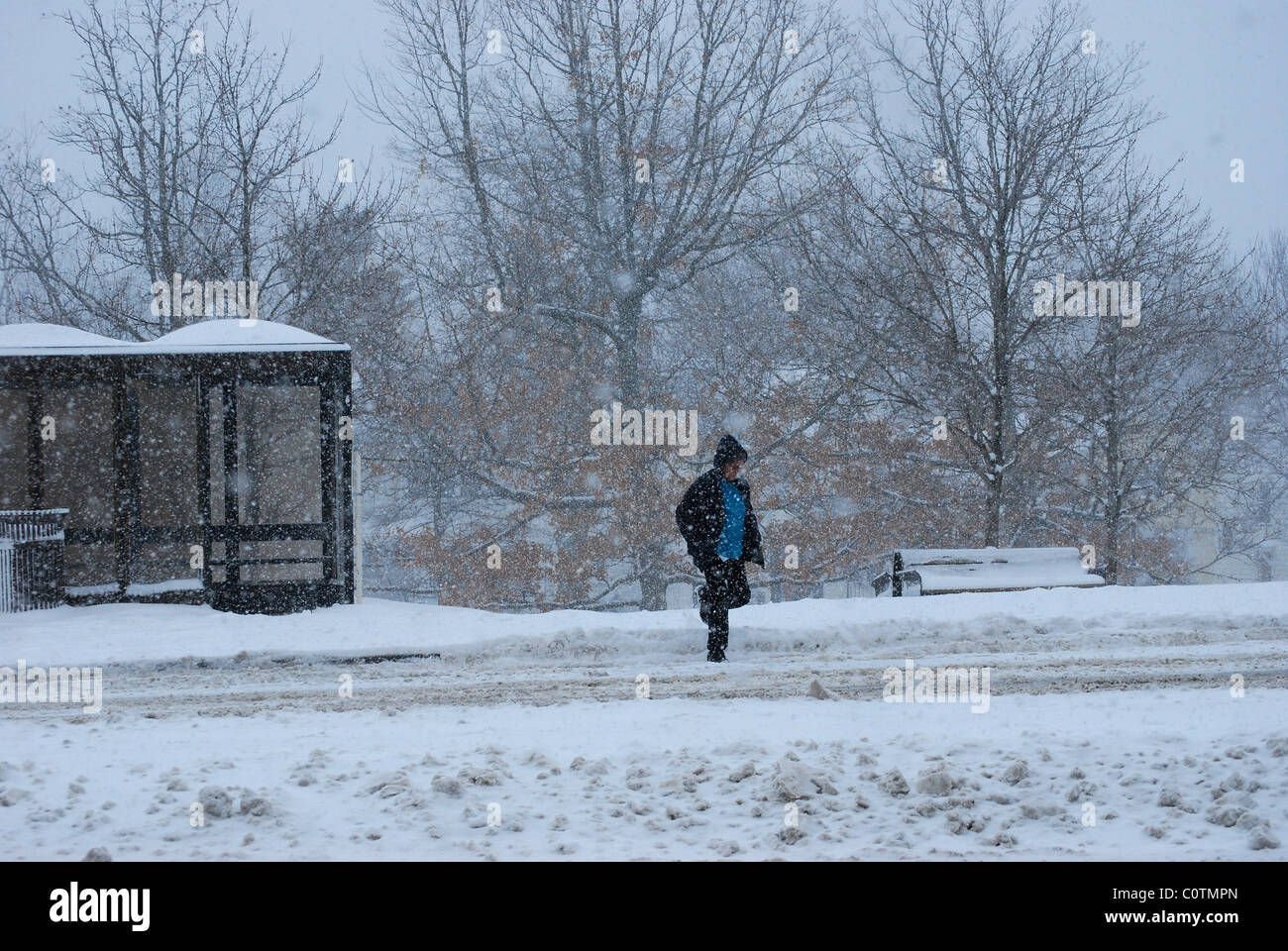 L'uomo lascia il bus shelter per cross street nella tempesta di neve. Foto Stock