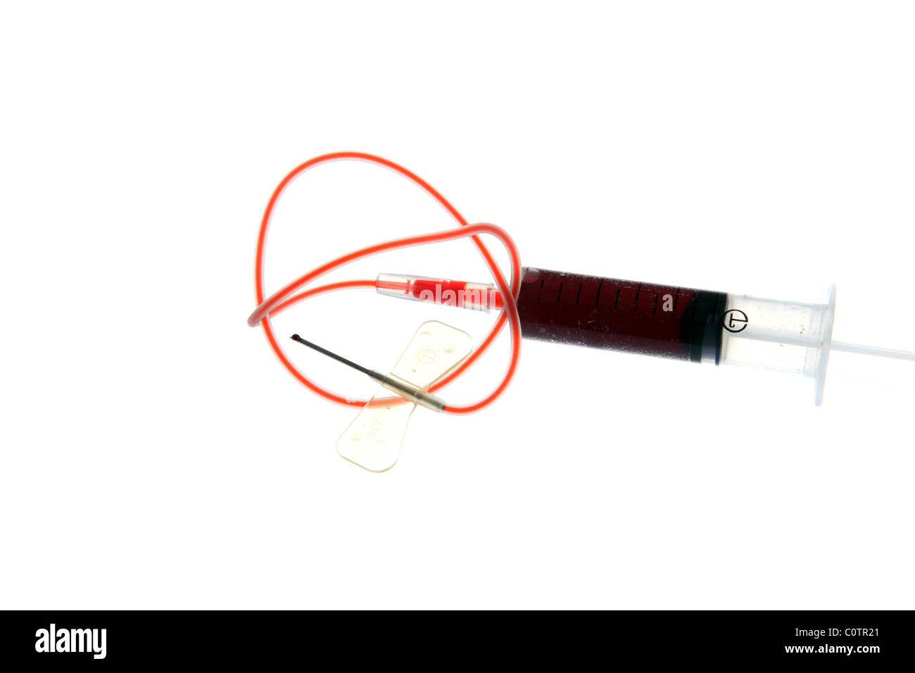 Campione di sangue prelevato con un ago a farfalla Foto Stock