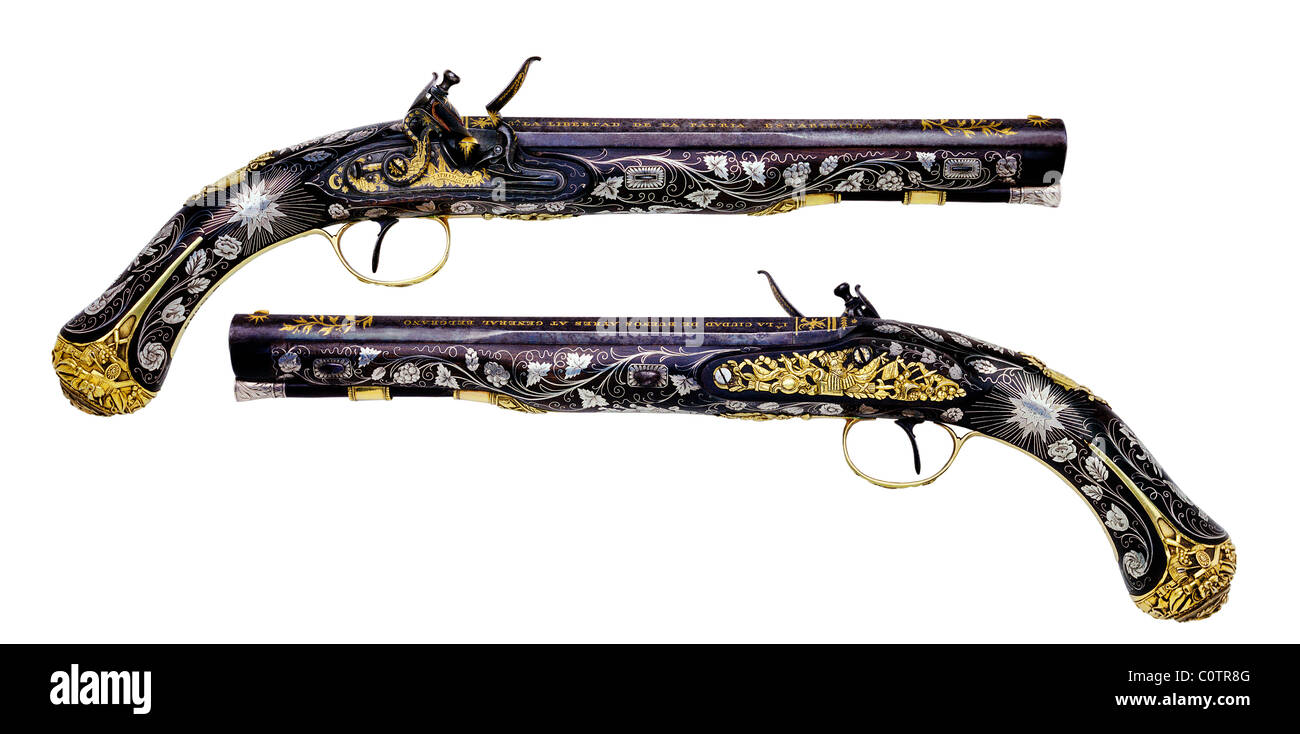 Generale argentino Manuel Belgrano di alesaggio 16 Flintlock Pistols da Tatham & uovo di Londra, circa 1814. (Con i tracciati di ritaglio). Foto Stock