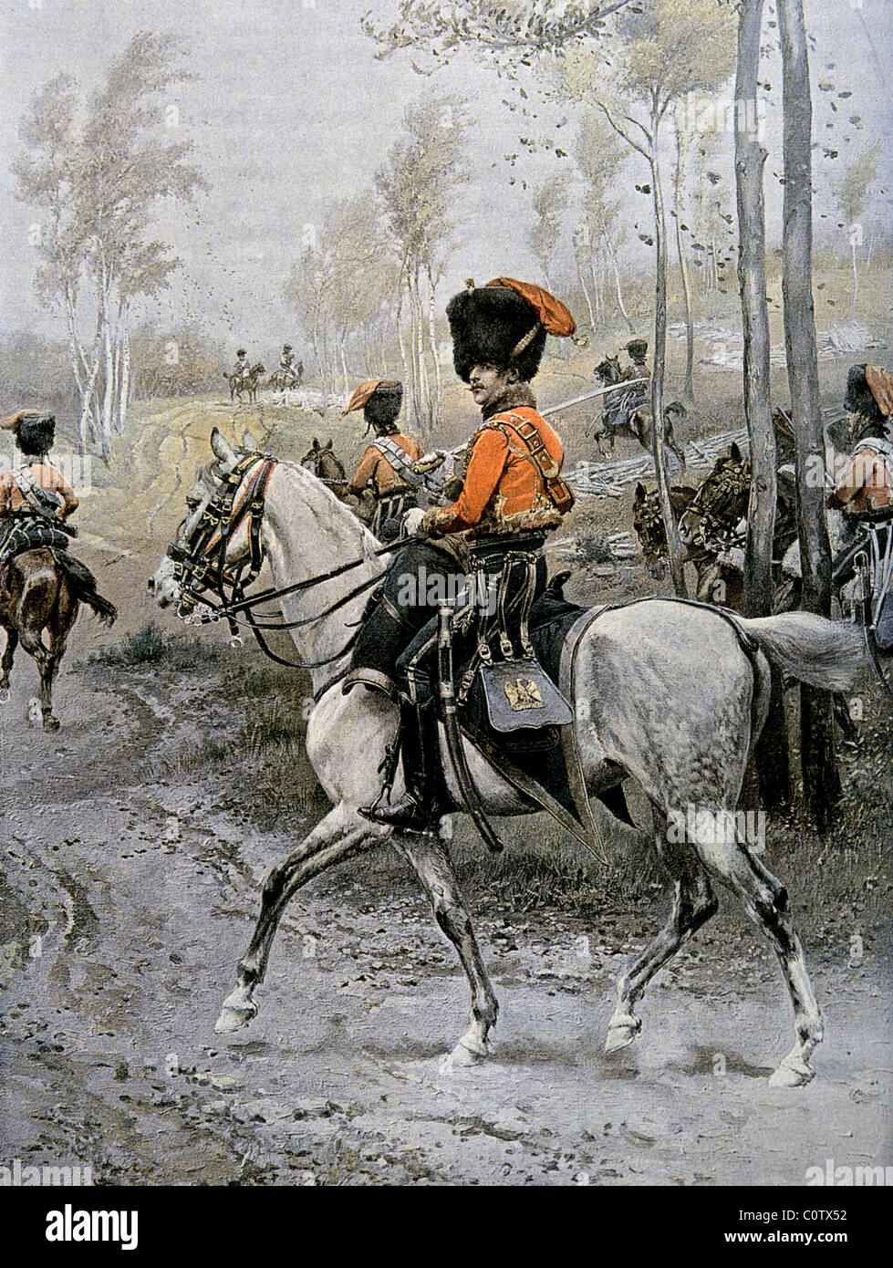 Luce napoleonico movimento di cavalleria in ordine aperto anche se un legno Foto Stock