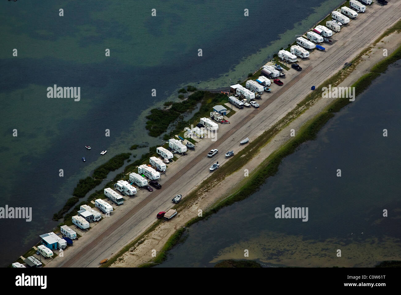 Vista aerea sopra le case mobili parcheggiato costa del Golfo del Texas Foto Stock