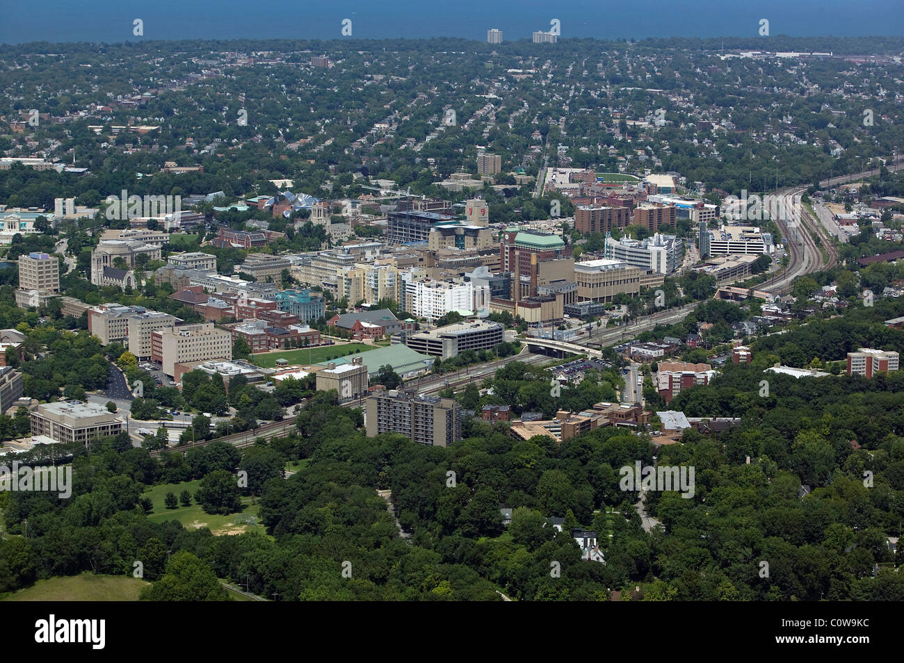 Vista aerea sopra medical campus Cleveland Clinic in Ohio Foto Stock