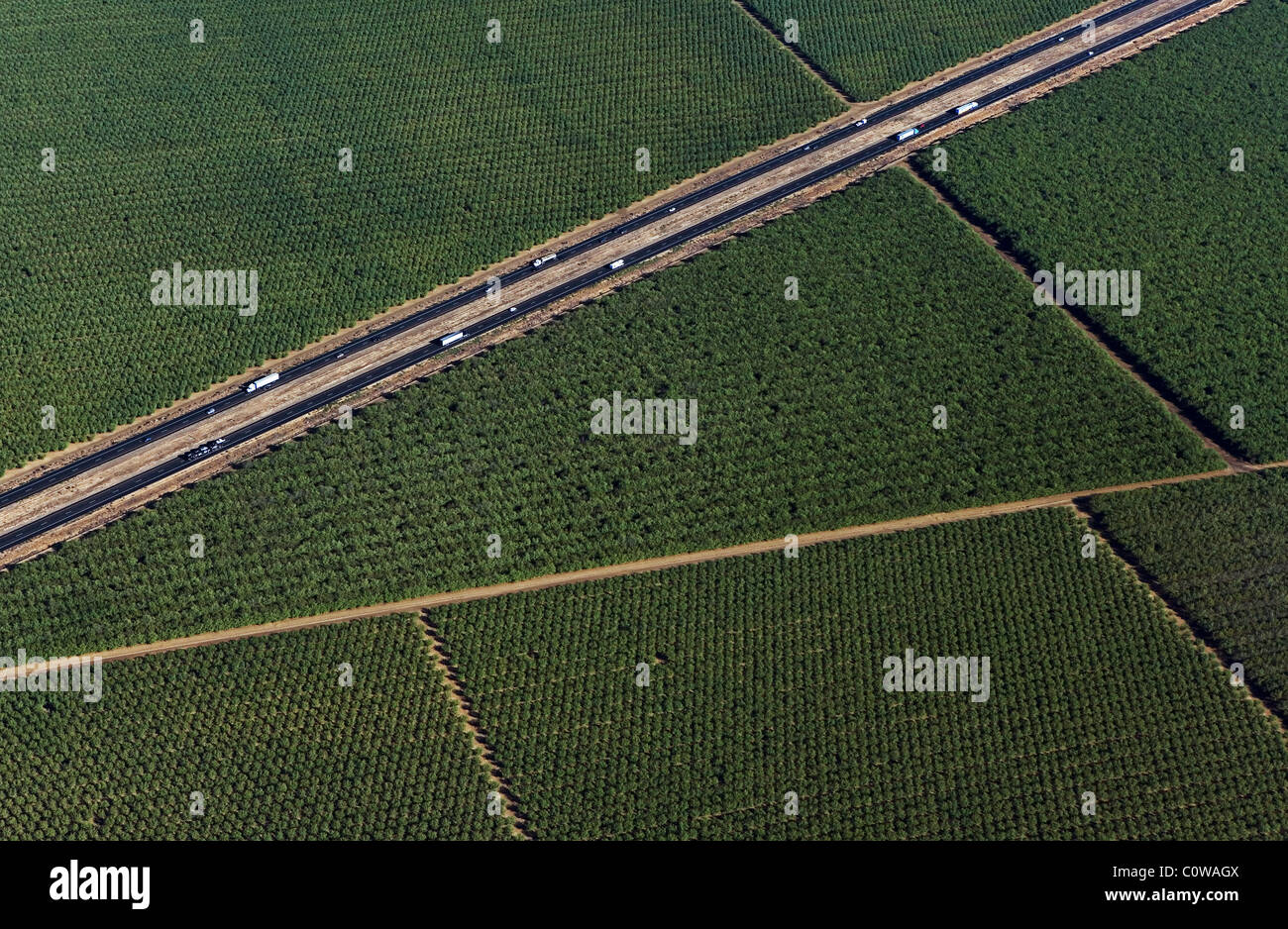 Vista aerea al di sopra della Interstate I-5 passando attraverso i terreni agricoli Central Valley in California Foto Stock