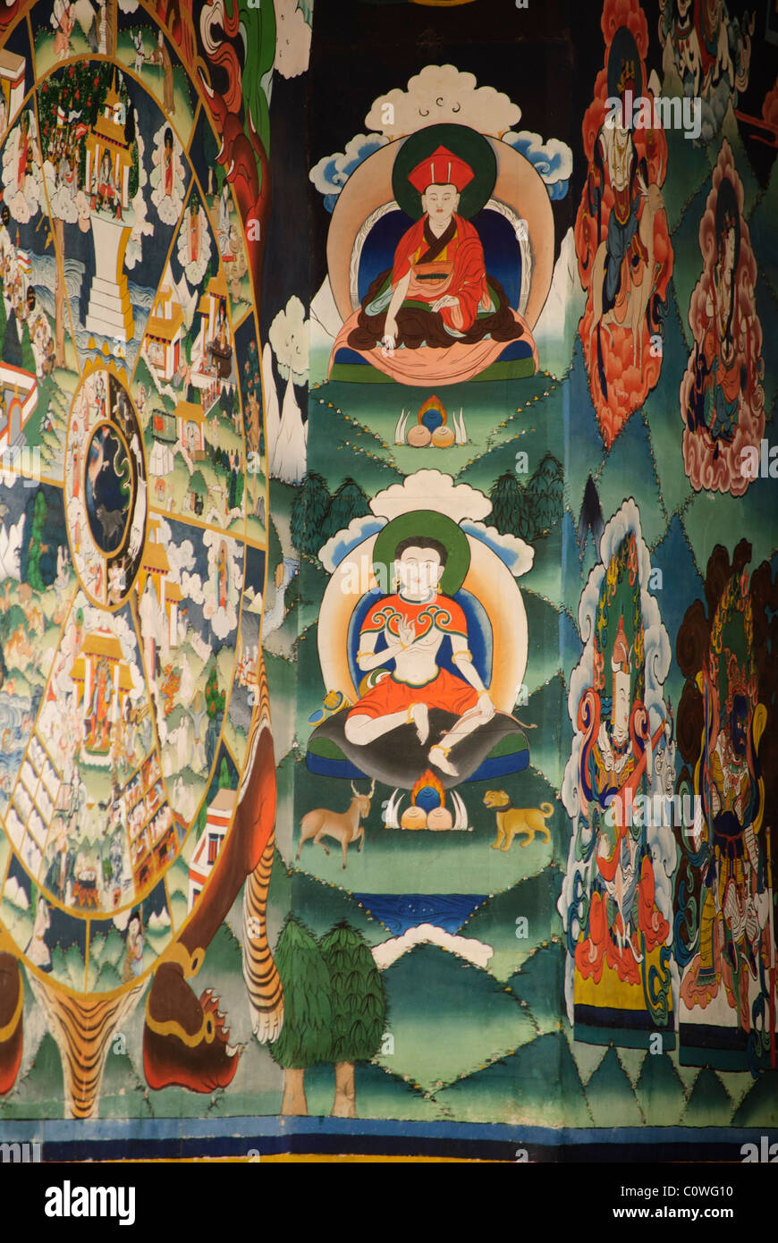 Pitture Murali del Signore Buddha a paro Dzong, Paro. Foto Stock