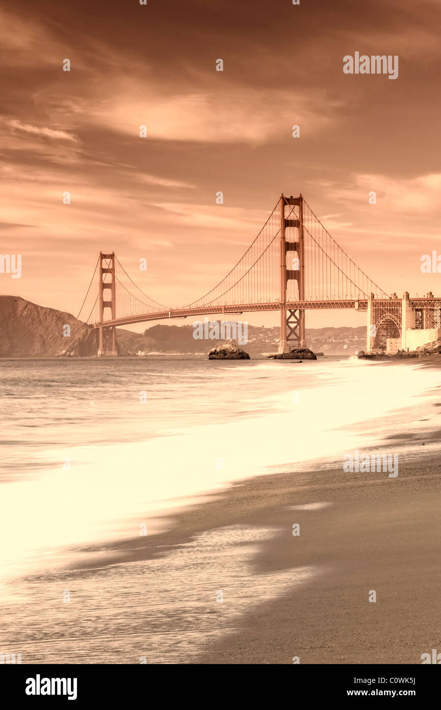 Stati Uniti, California, San Francisco, Baker's Beach e il Golden Gate Bridge Foto Stock