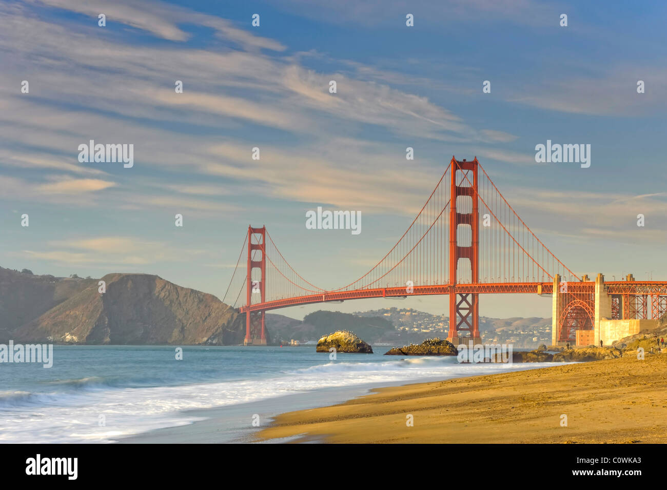 Stati Uniti, California, San Francisco, Baker's Beach e il Golden Gate Bridge Foto Stock