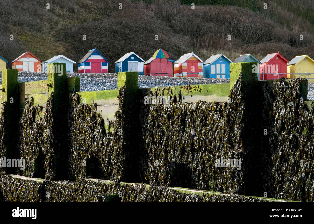 Pittoresca spiaggia di capanne, cromer, Norfolk, Inghilterra Foto Stock